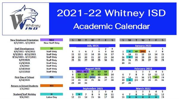 2021-22 Whitney ISD District Calendar